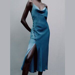 2/30 Zara Black Silk Satin Cowl Neck Slip Dress |‎ Midi Cami Dress – Size Large